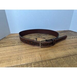 Mens size 28 Western Leather Belt Embossed Cross Scrollwork Brown Silver Buckle